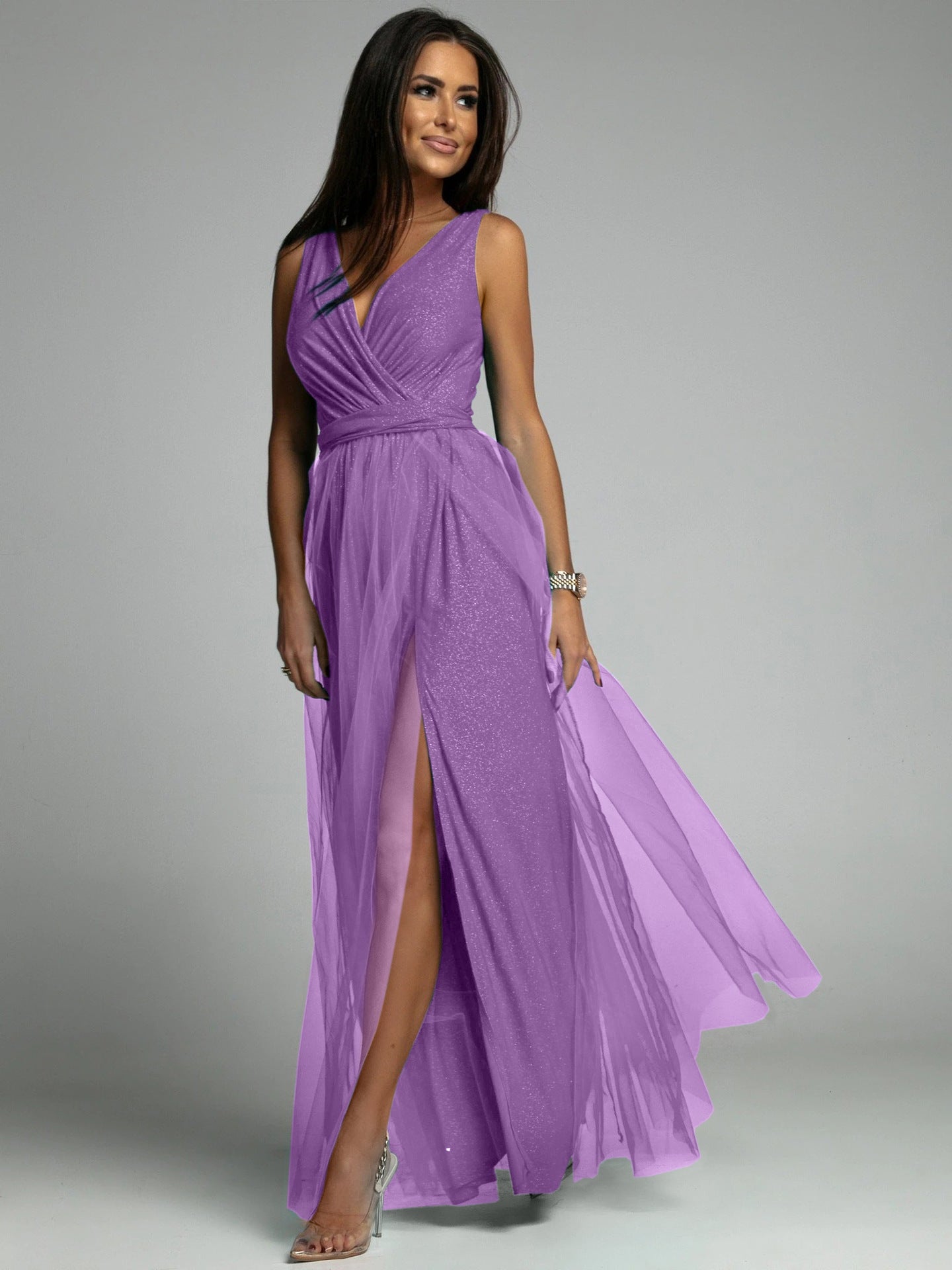 Sparkling V-neck Evening Dress with Slit