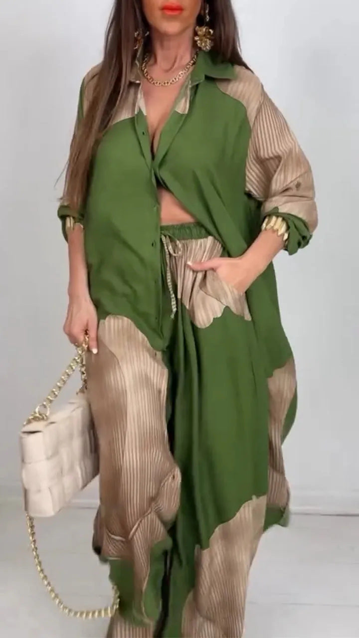 Women's Printed Cardigan and Pants Casual Suit