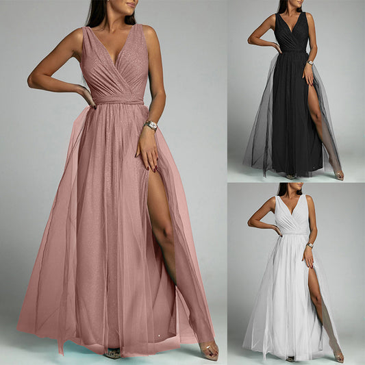 Sparkling V-neck Evening Dress with Slit
