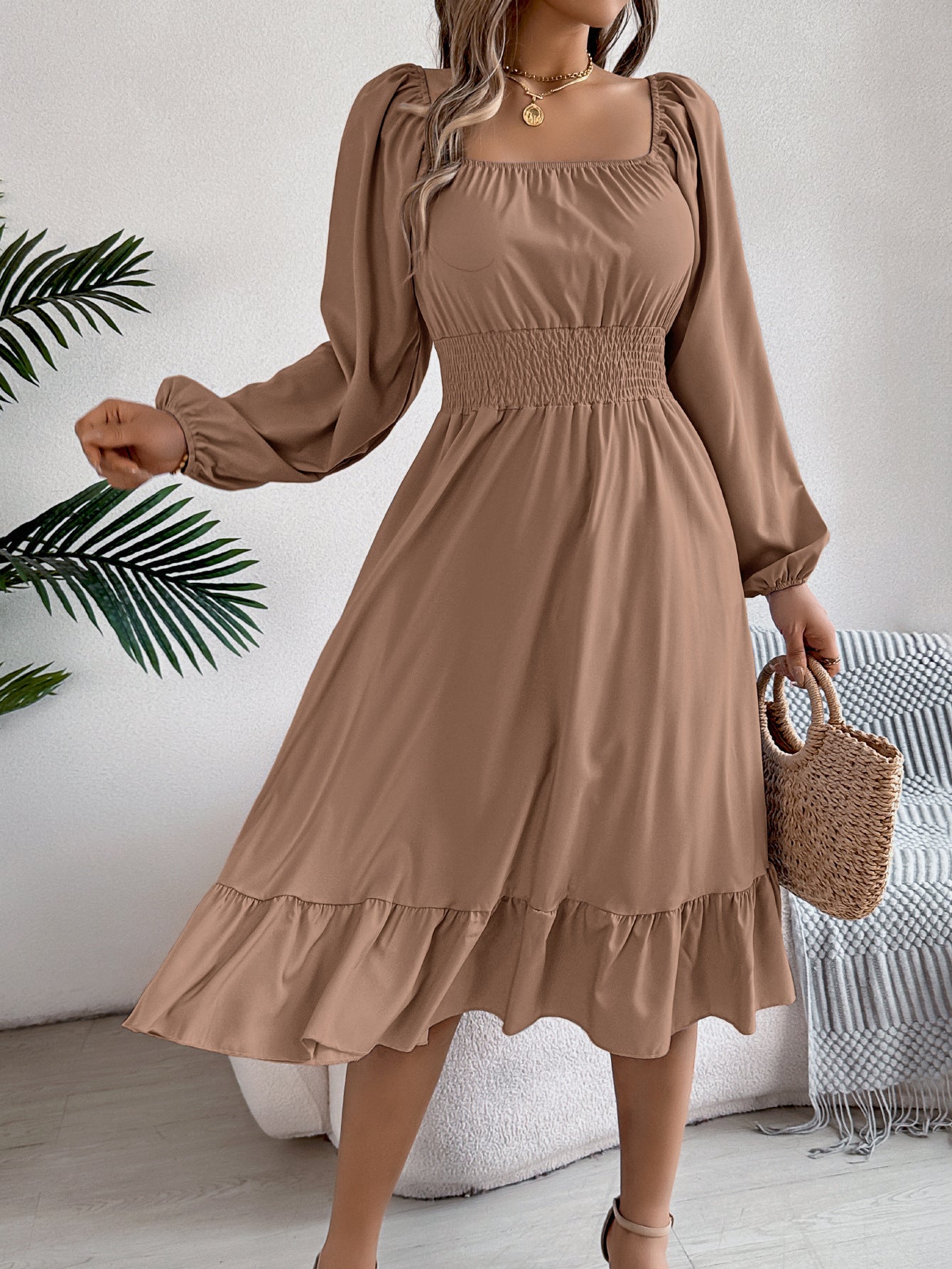 Casual Solid Color Square Neck Long Sleeve A-Line Dress