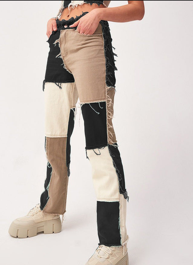 Mixed-color patched straight-leg denim pants