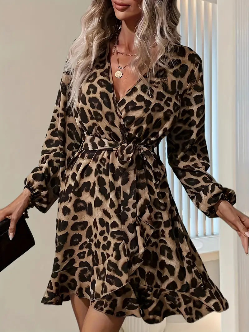 Leopard Print V-Neck High-Waisted Women's Dress
