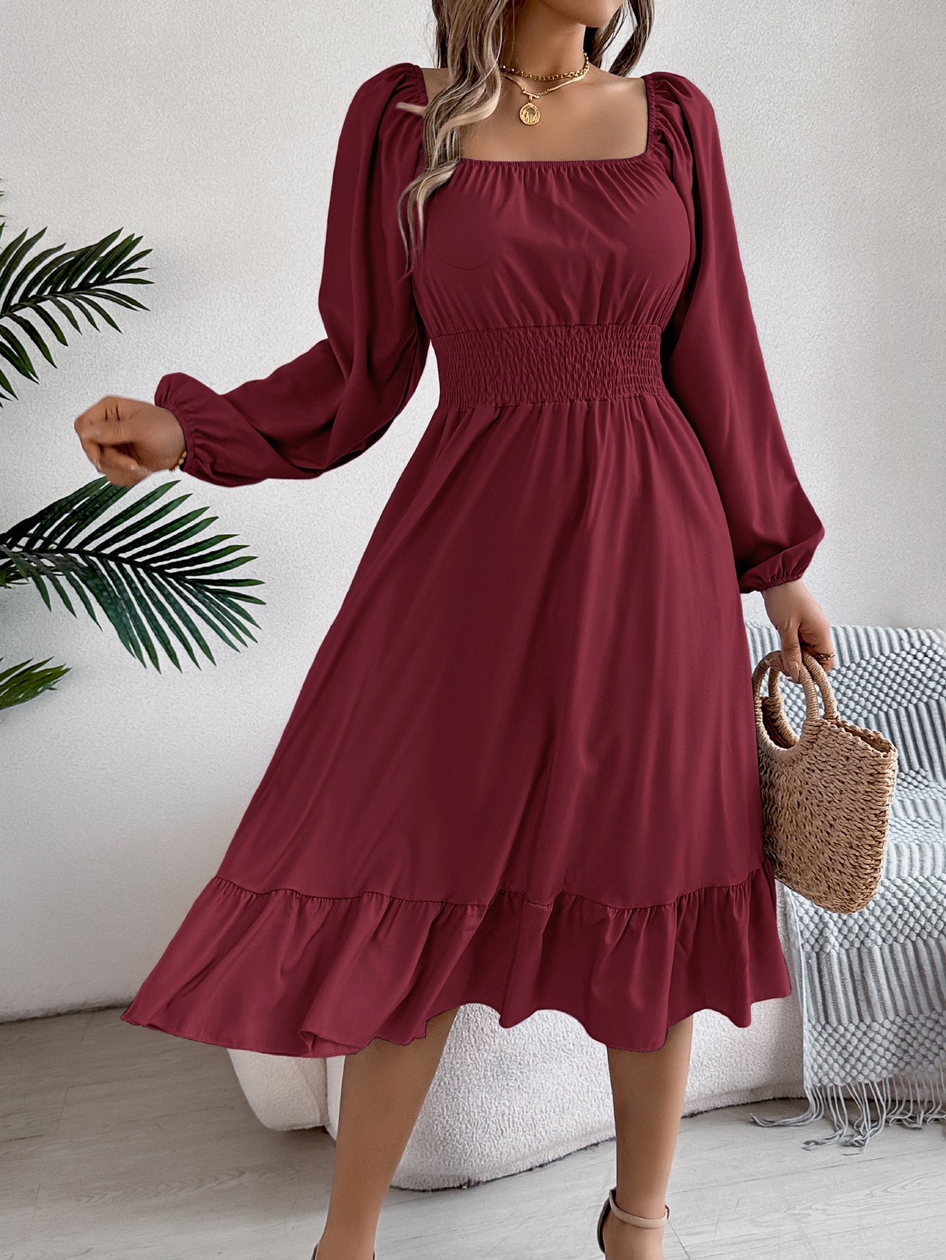 Casual Solid Color Square Neck Long Sleeve A-Line Dress