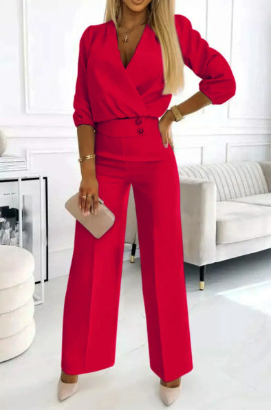 Women's Casual V-Neck Two-Button Pants Suit