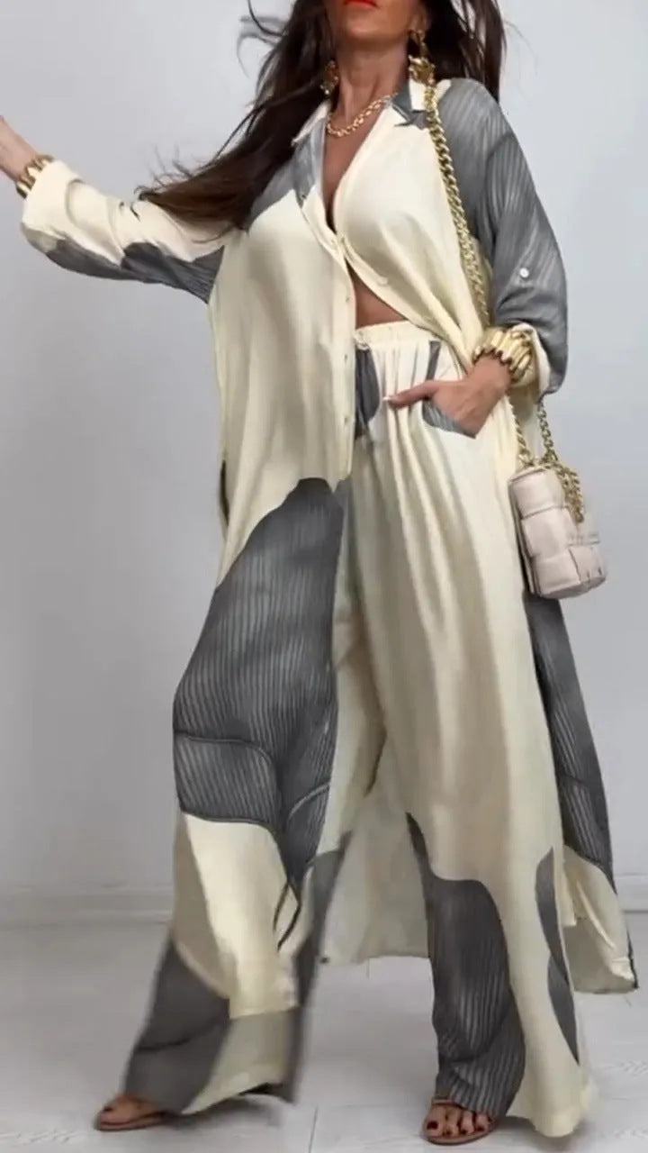 Women's Printed Cardigan and Pants Casual Suit