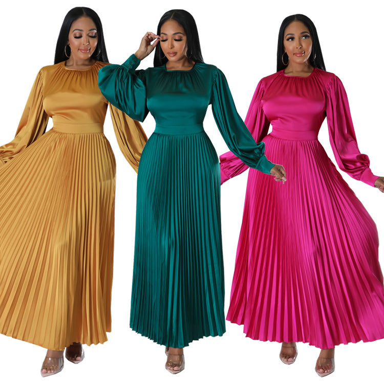 Pleated Round Neck Long Dress