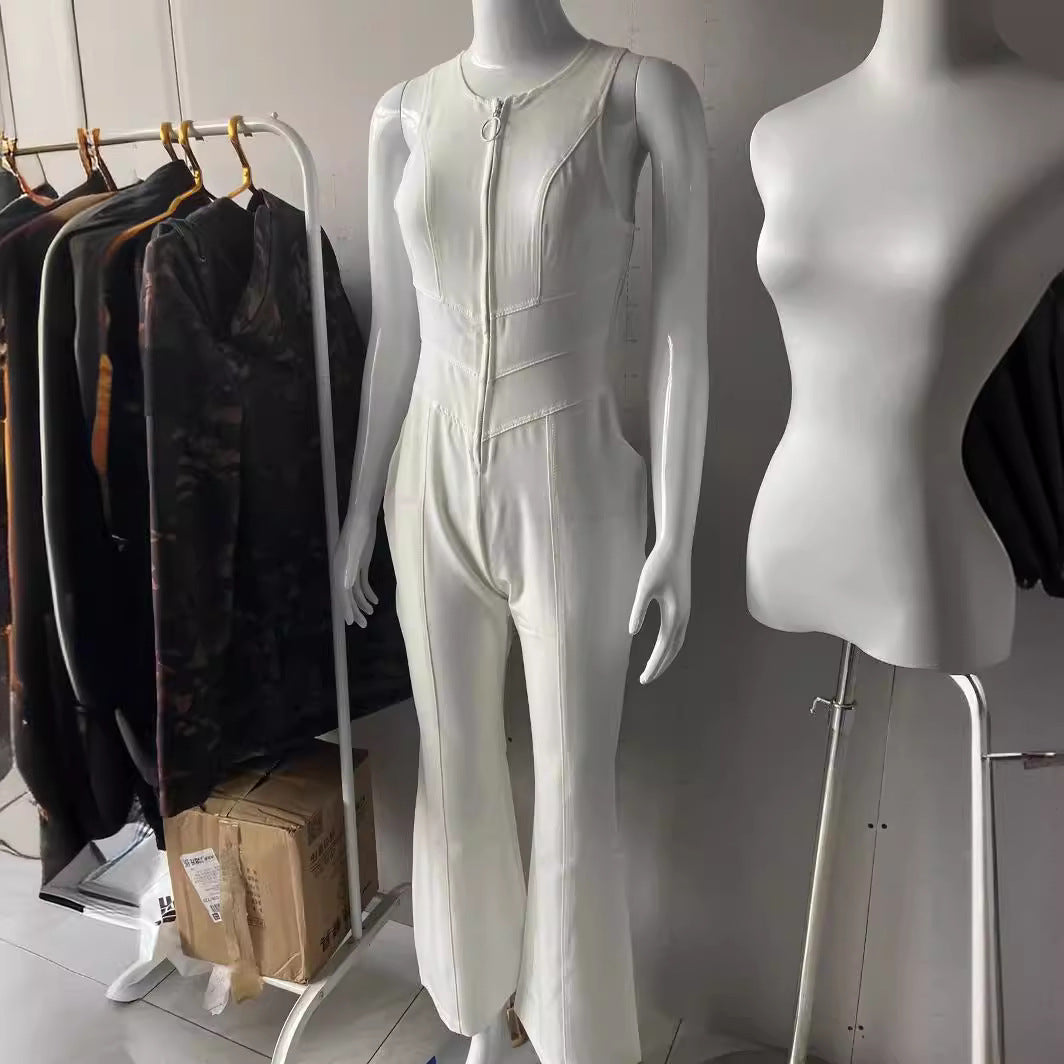 Shirring sleeveless high-waisted denim jumpsuit