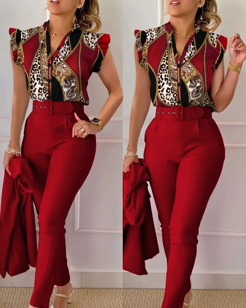 Fashion Printed Lotus Sleeve Top and Pants