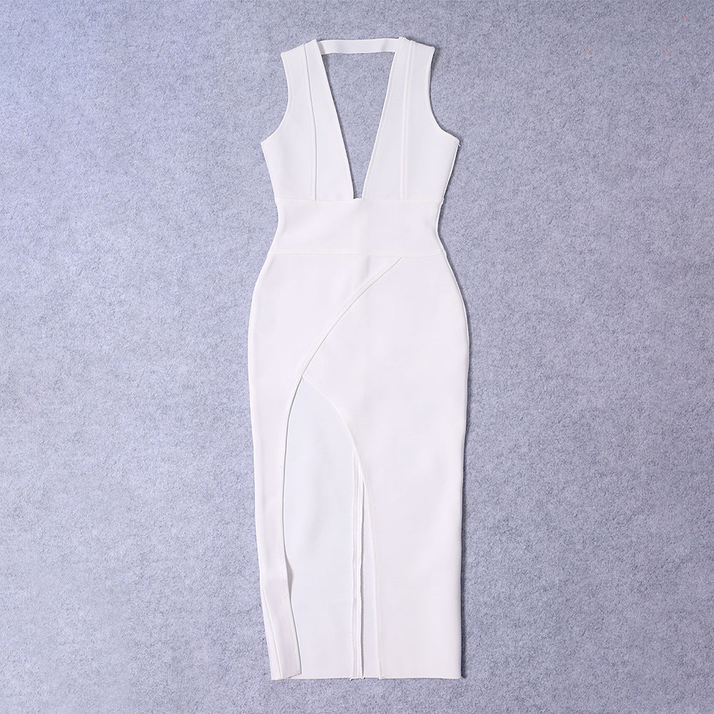 Elegant evening dress with a high slit and an open back