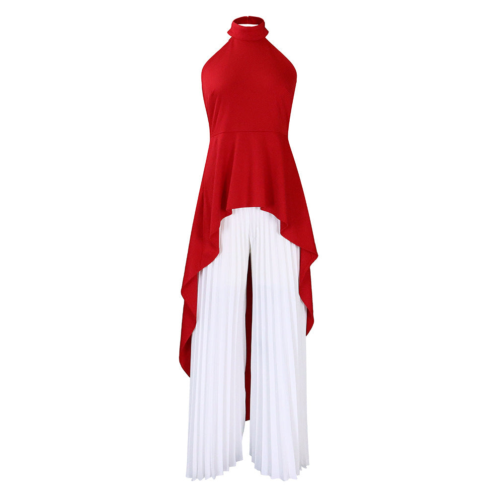 Backless Top Pleated Wide Leg Pants Suit