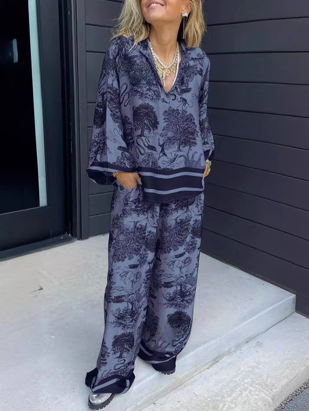 Women's Striped Long Sleeve Shirt and Wide Leg Pants Set