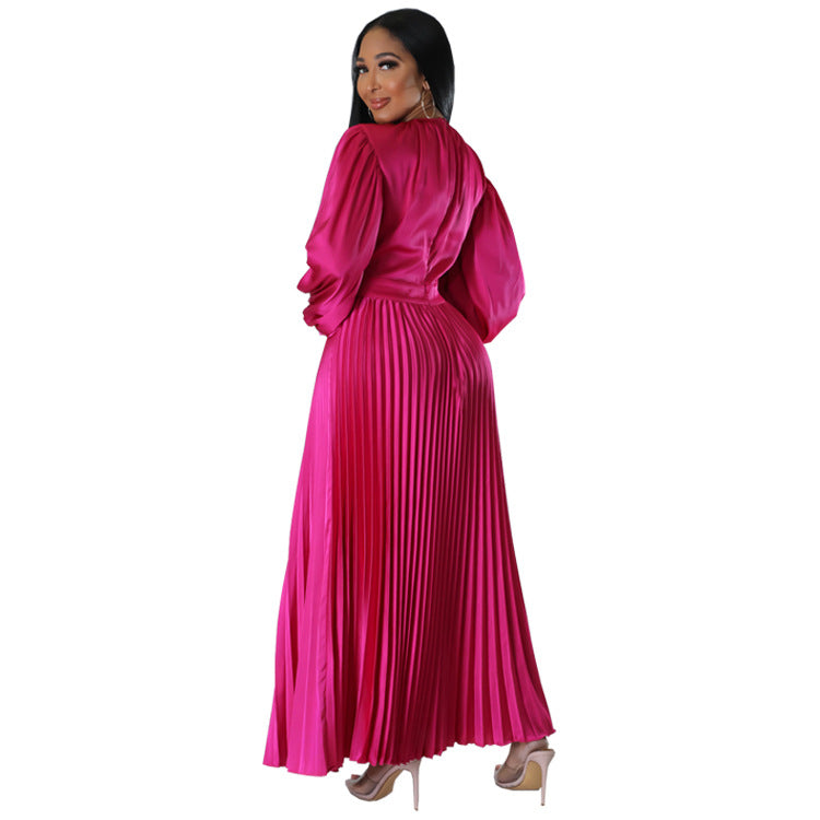 Pleated Round Neck Long Dress