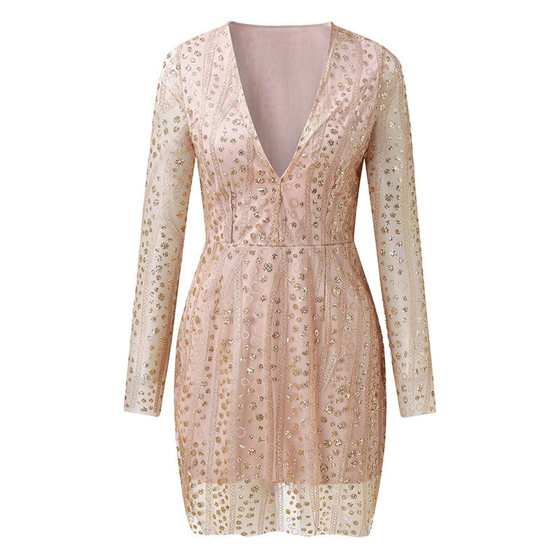 Elegant Gold-Sprinkled Deep V Neck Long Sleeve Dress