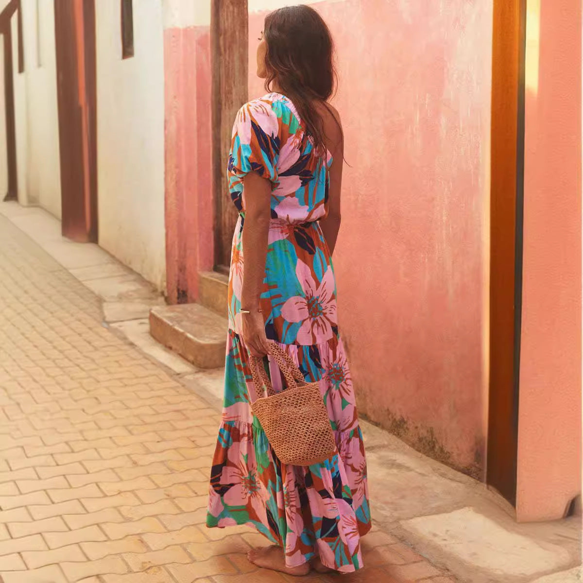 Women's Floral Oblique Shoulder Long Dress