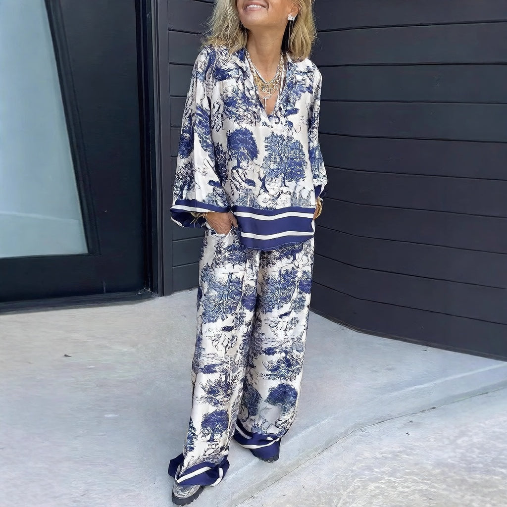 Women's Striped Long Sleeve Shirt and Wide Leg Pants Set