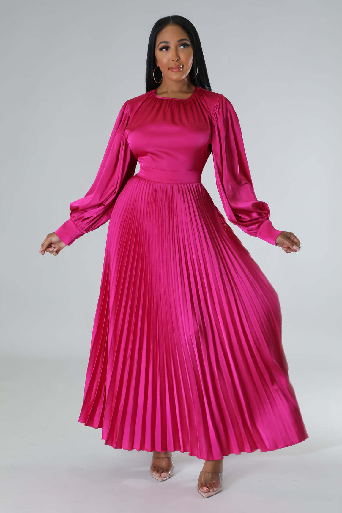 Pleated Round Neck Long Dress