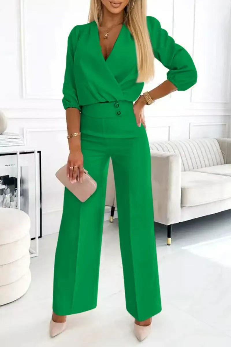 Women's Casual V-Neck Two-Button Pants Suit