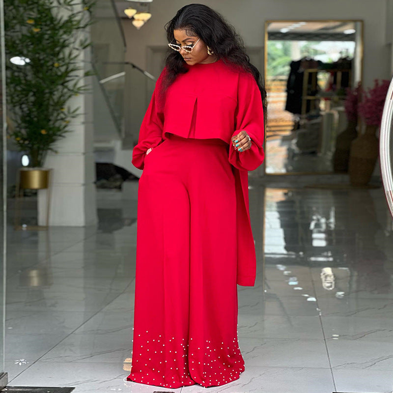 Women's Lantern Sleeve Top and Wide-Leg Pants Suit