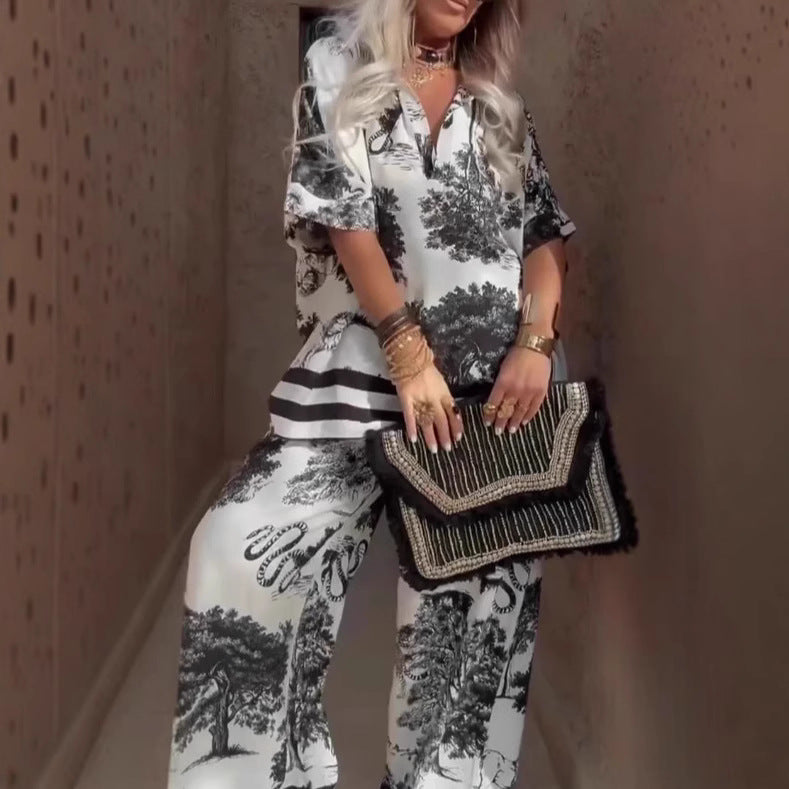 Casual V-Neck Printed Top and Wide-Leg Pants Set
