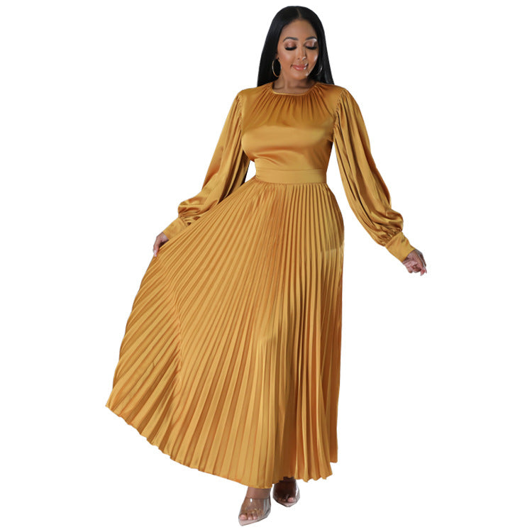Pleated Round Neck Long Dress