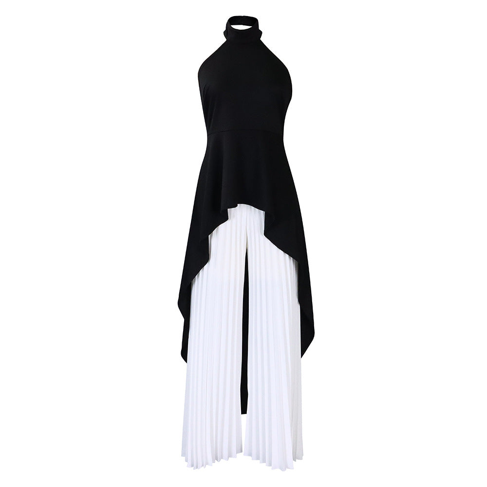 Backless Top Pleated Wide Leg Pants Suit