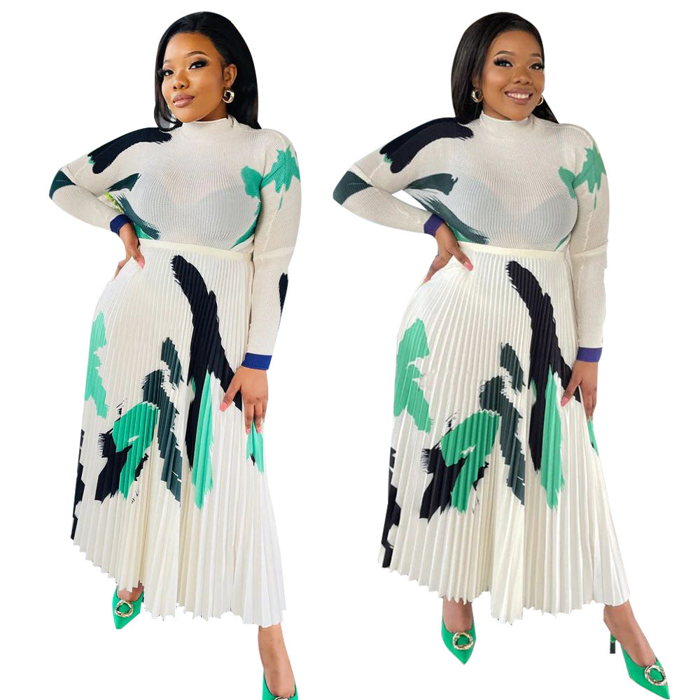 Long Sleeve Printed Pleated Two-Piece Dress Set