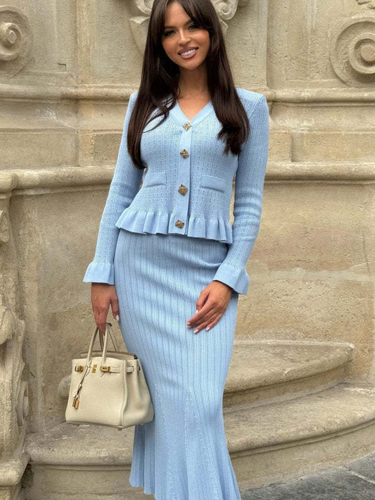 French Style Knitted Cardigan and Skirt Set