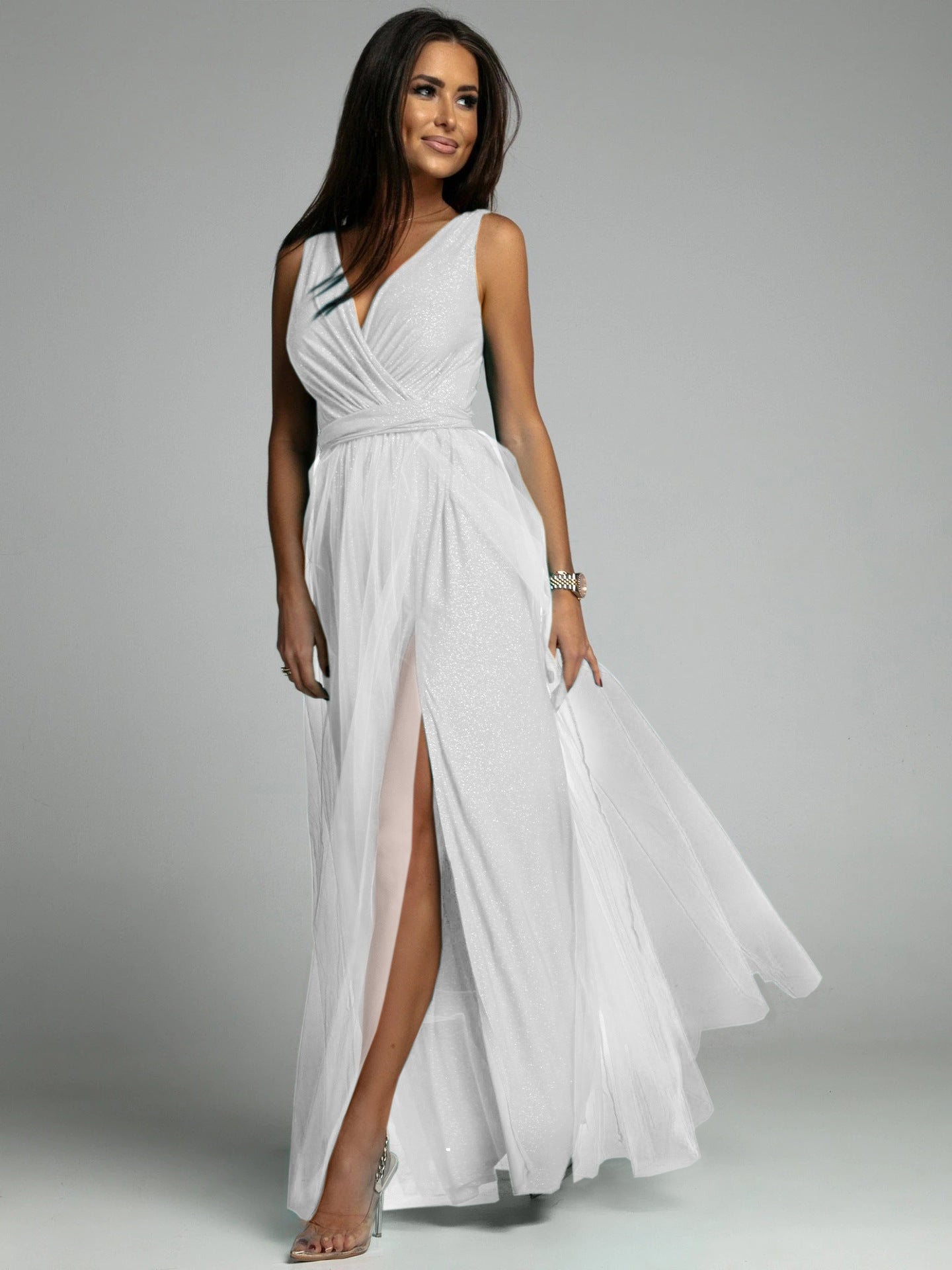 Sparkling V-neck Evening Dress with Slit