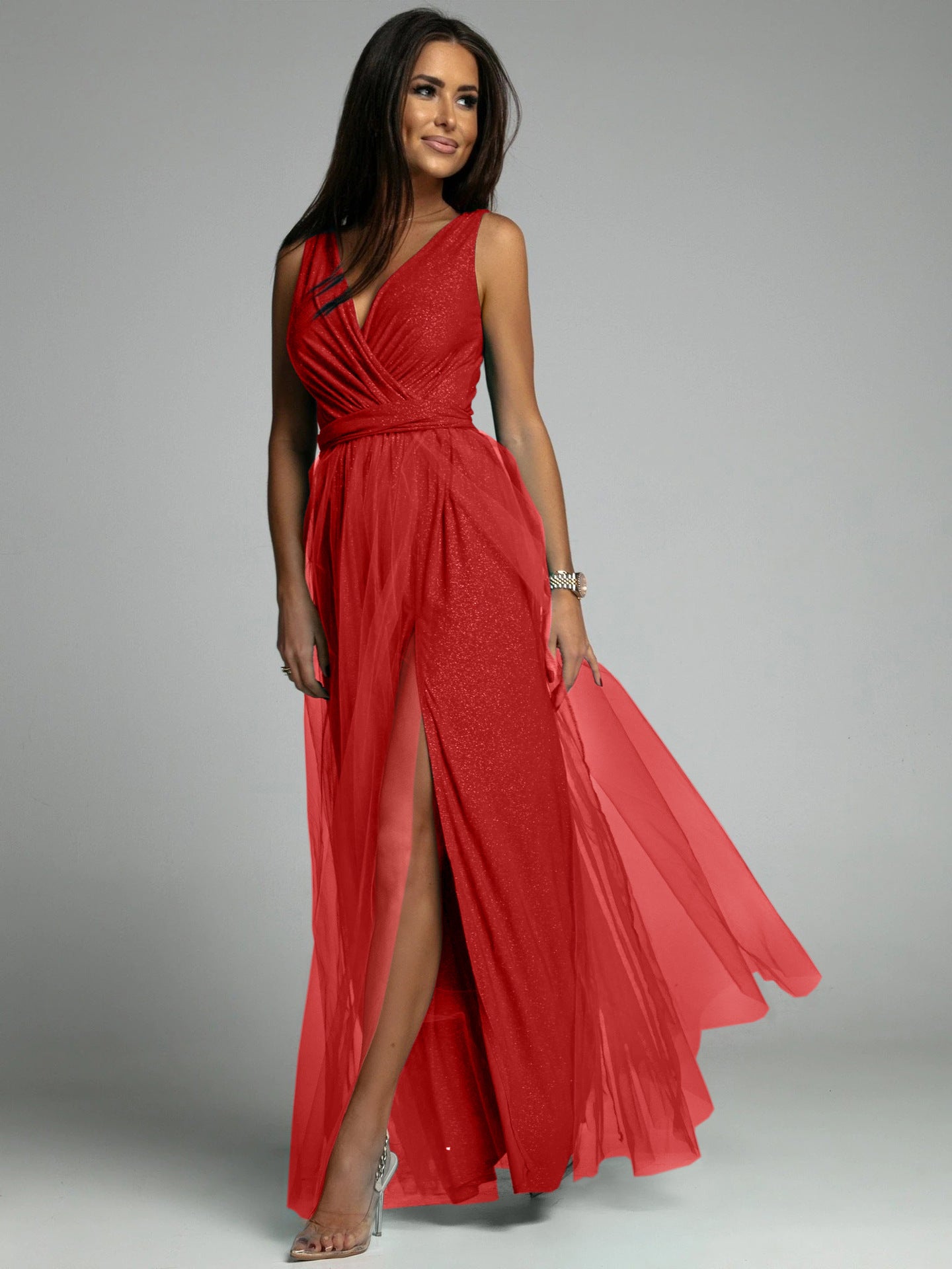 Sparkling V-neck Evening Dress with Slit