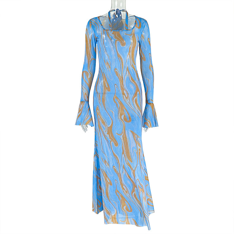 Slim Fit Tie-Dye Print Long Sleeve Dress
