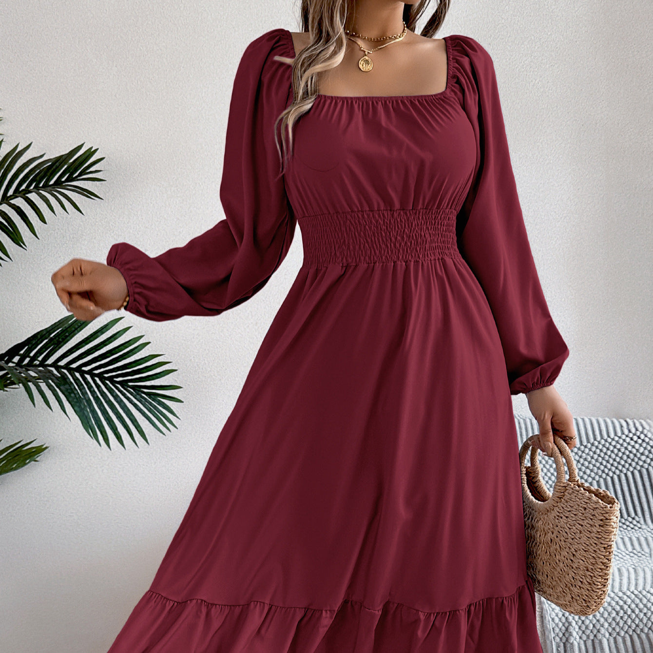 Casual Solid Color Square Neck Long Sleeve A-Line Dress