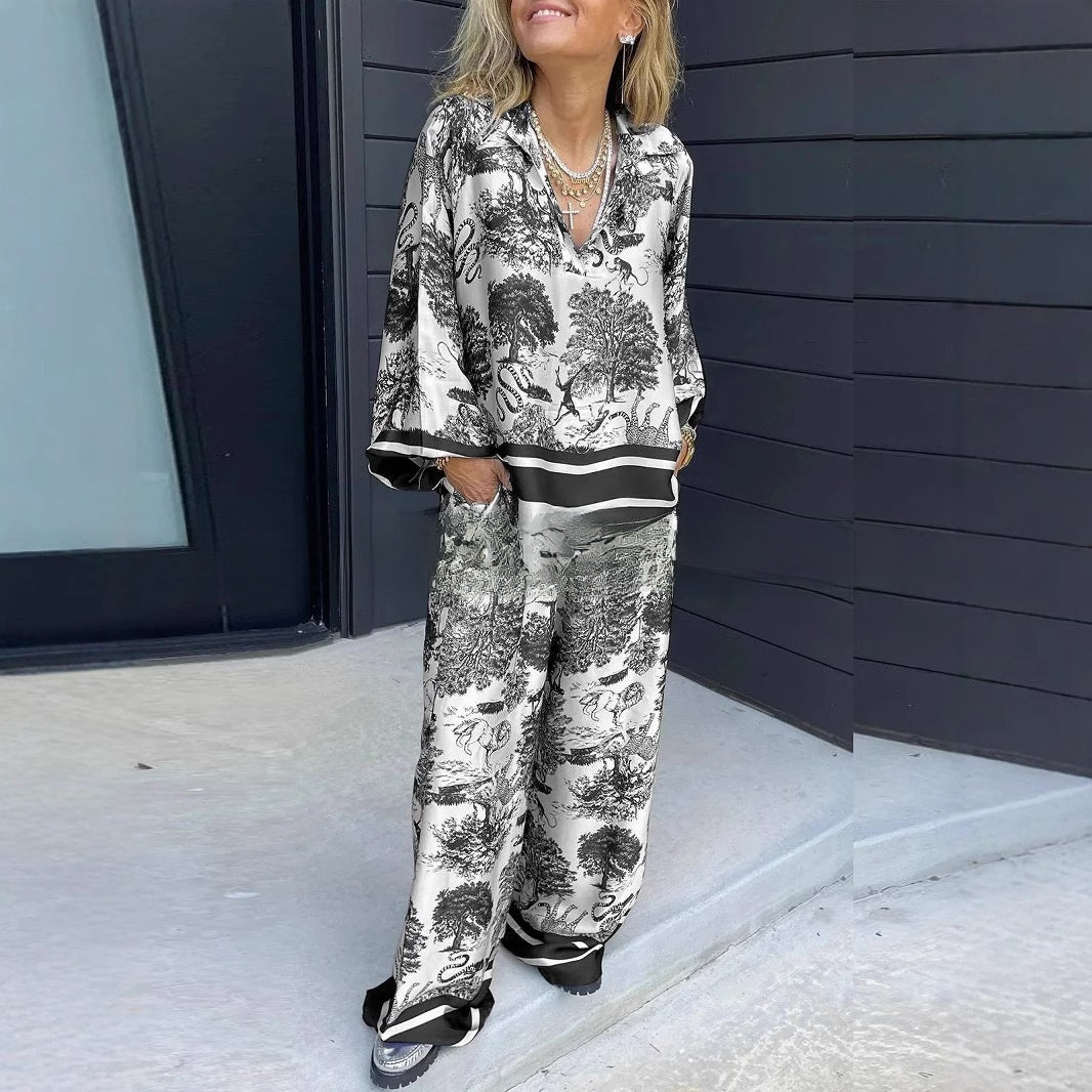 Women's Striped Long Sleeve Shirt and Wide Leg Pants Set