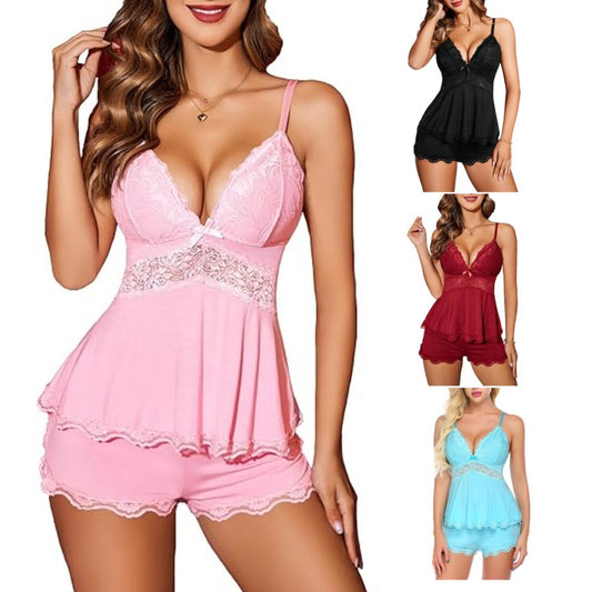 A two-piece set of comfortable lace-trimmed halter tops