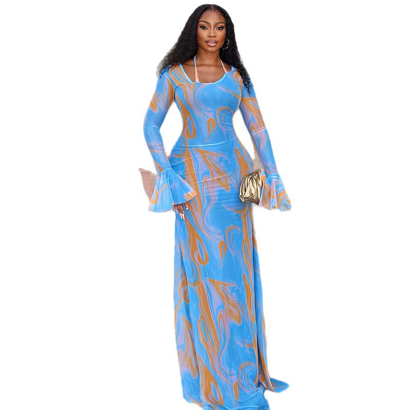 Slim Fit Tie-Dye Print Long Sleeve Dress