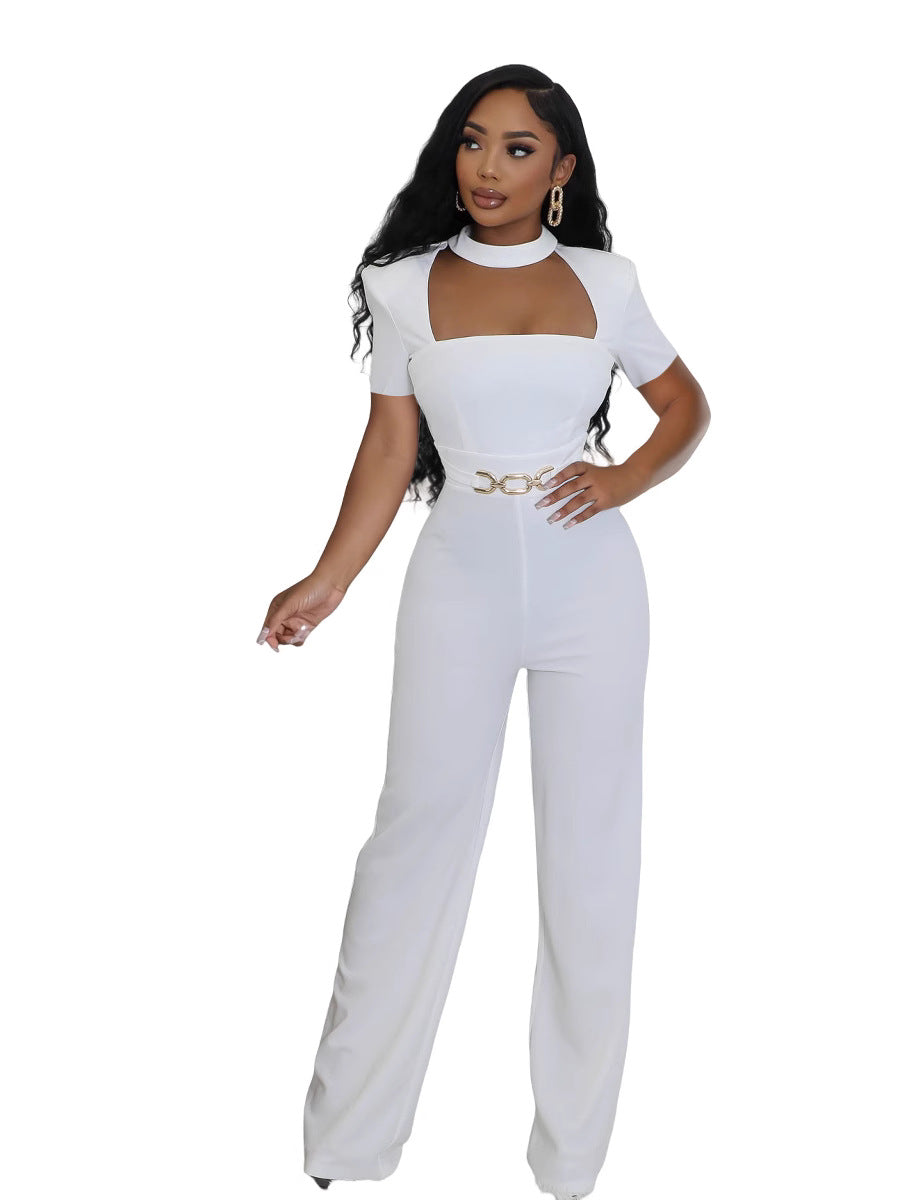 Elegant Short-Sleeve Wide-Leg Jumpsuit with Scarf