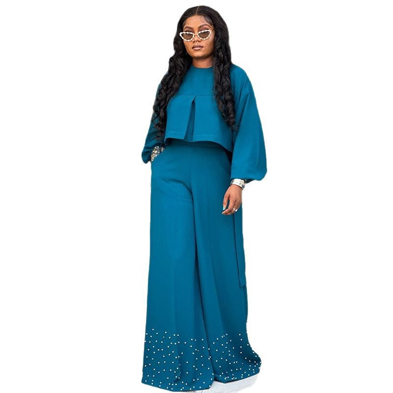 Women's Lantern Sleeve Top and Wide-Leg Pants Suit