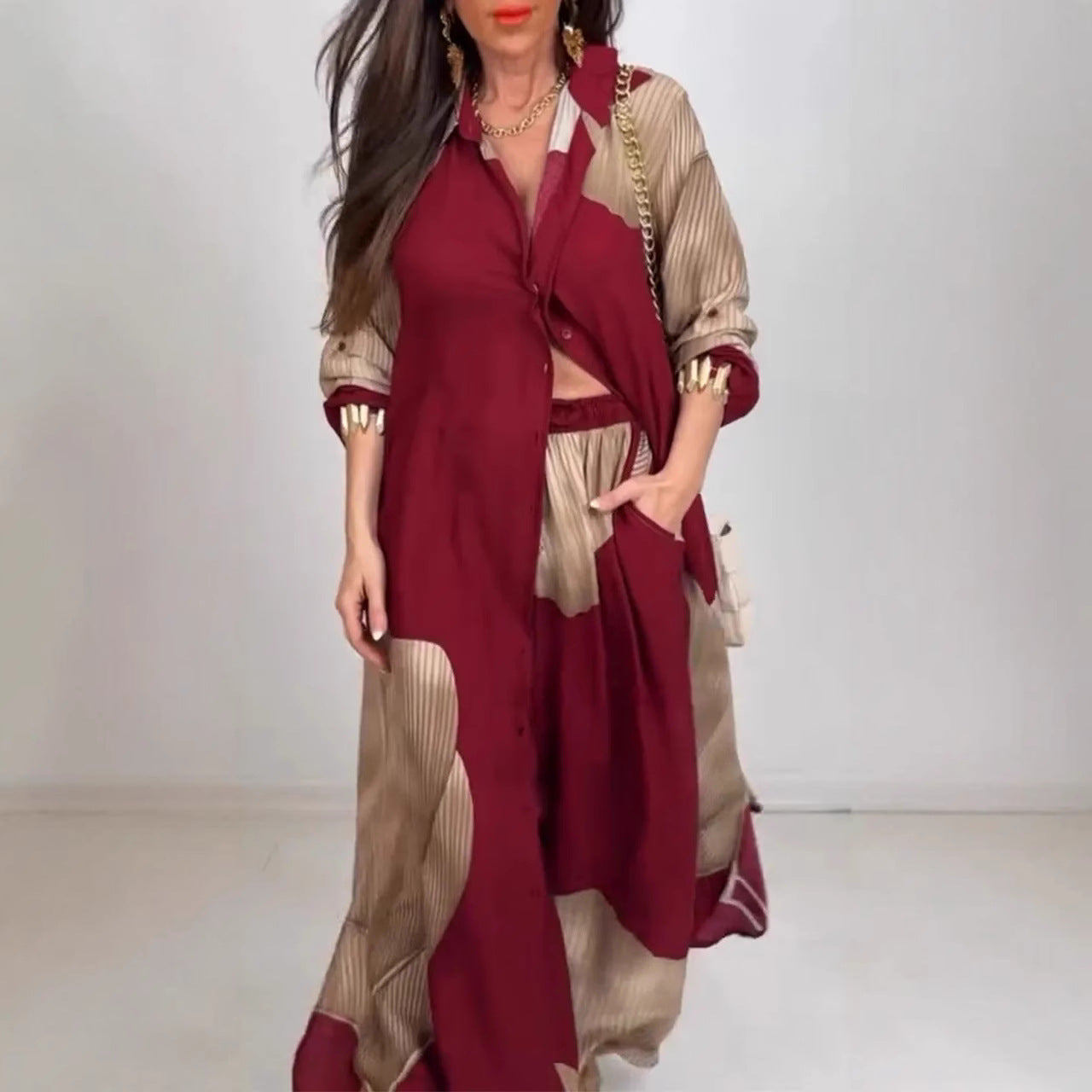 Women's Printed Cardigan and Pants Casual Suit