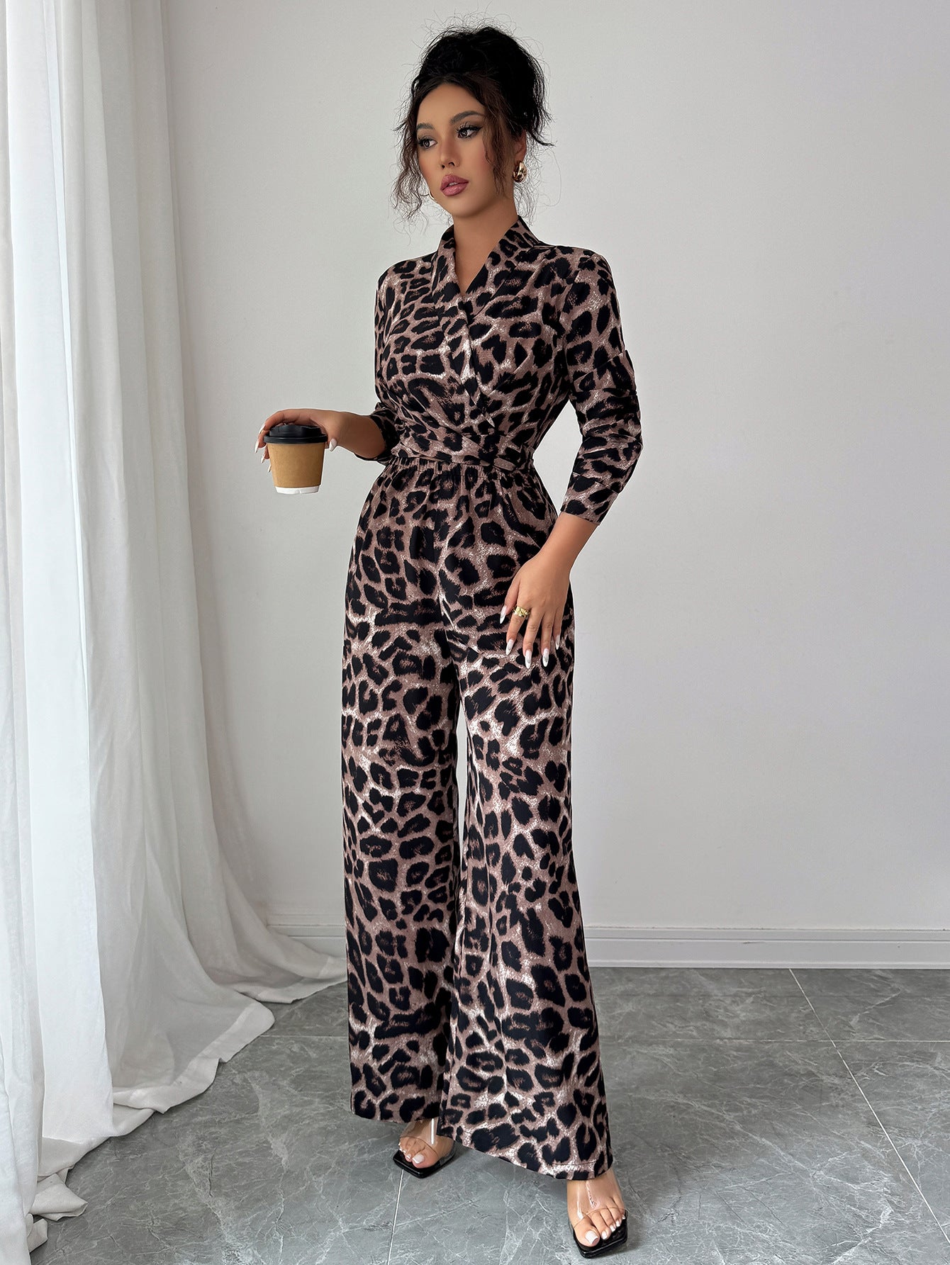 Elegant Leopard Print Wide-Leg Jumpsuit