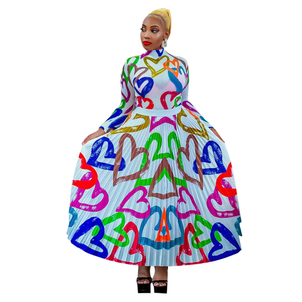 Long Sleeve Printed Pleated Two-Piece Dress Set