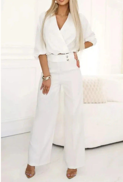 Women's Casual V-Neck Two-Button Pants Suit