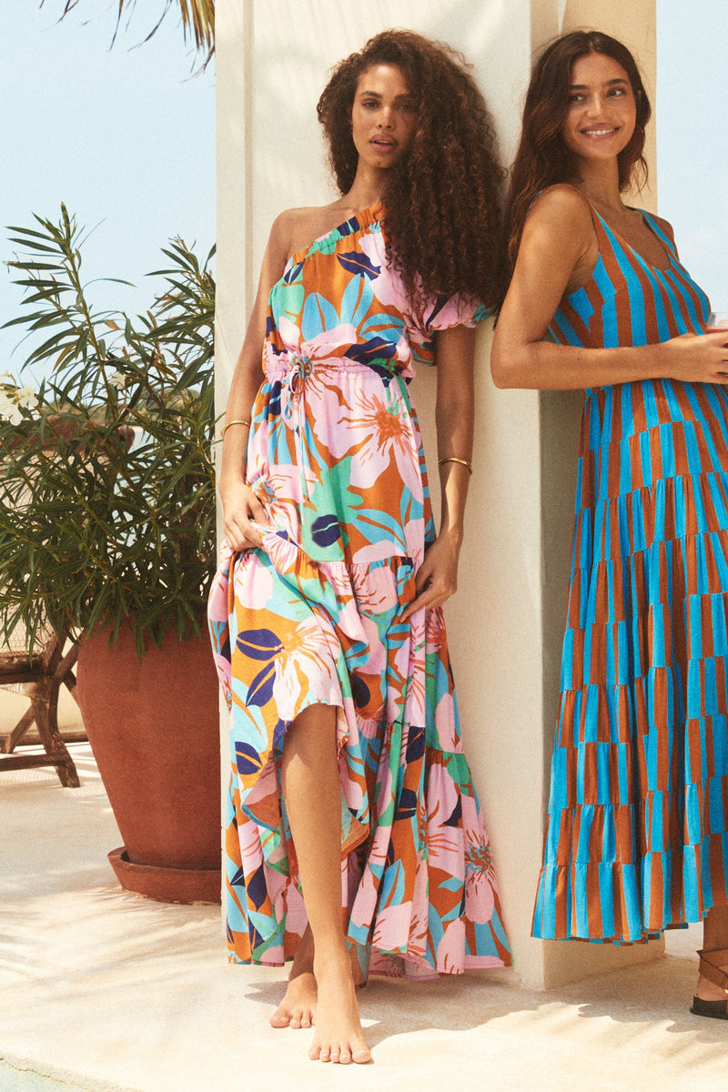 Women's Floral Oblique Shoulder Long Dress