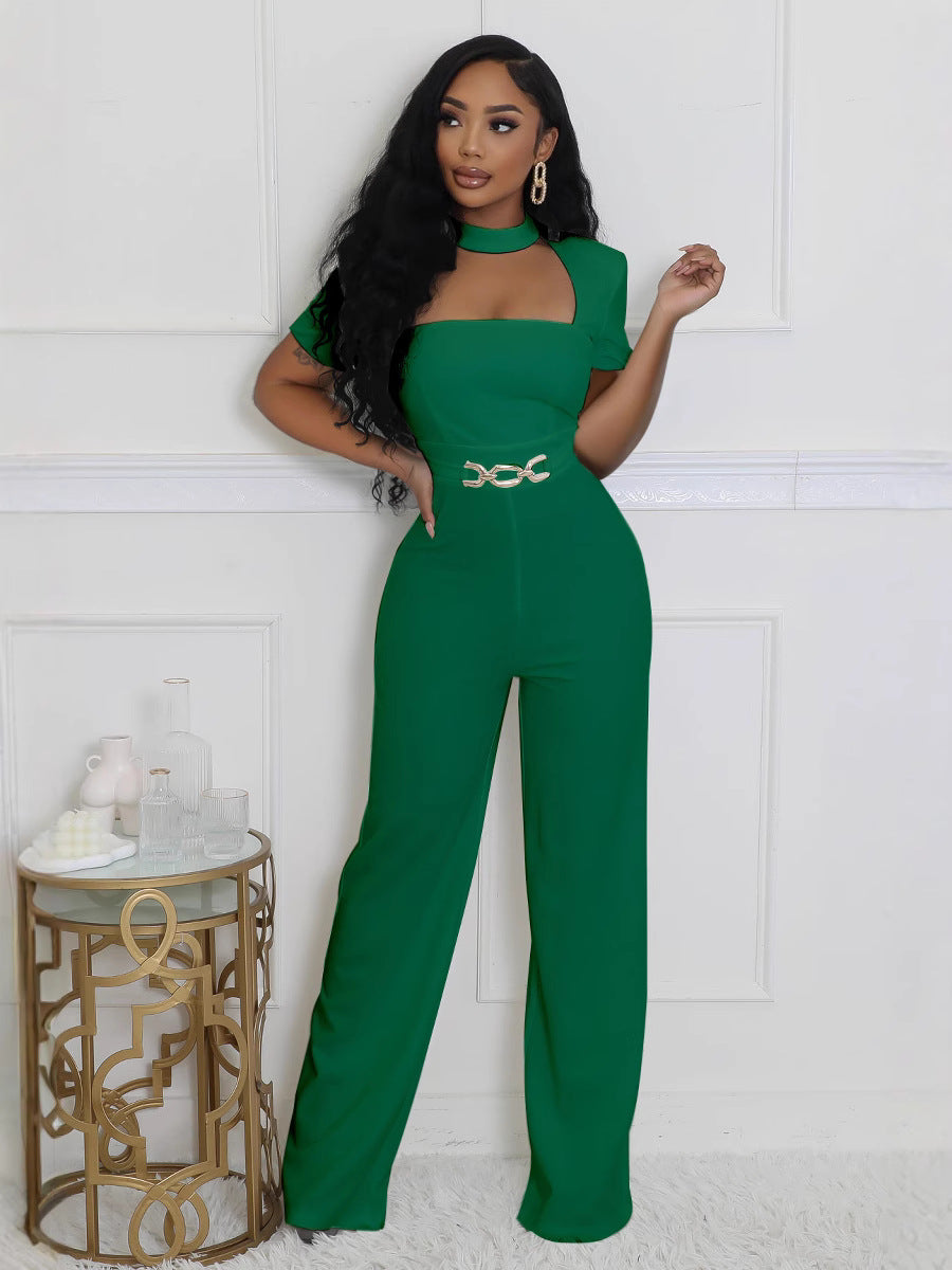 Elegant Short-Sleeve Wide-Leg Jumpsuit with Scarf