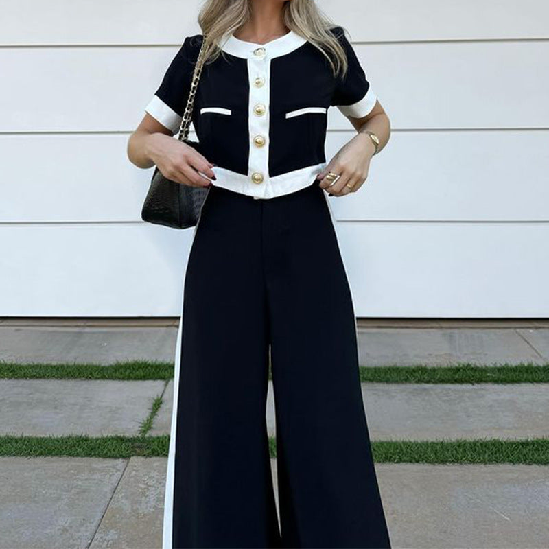 Women's Short-Sleeve Top and Straight Pants Suit