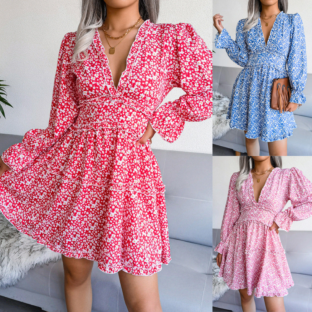 Floral V-Neck Chiffon Dress with Bell Sleeves