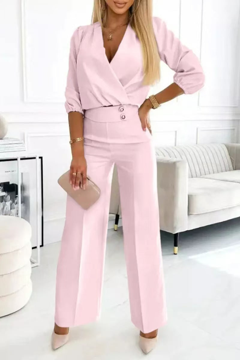 Women's Casual V-Neck Two-Button Pants Suit