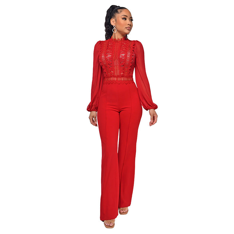 Women's High Collar Lace Chiffon Jumpsuit