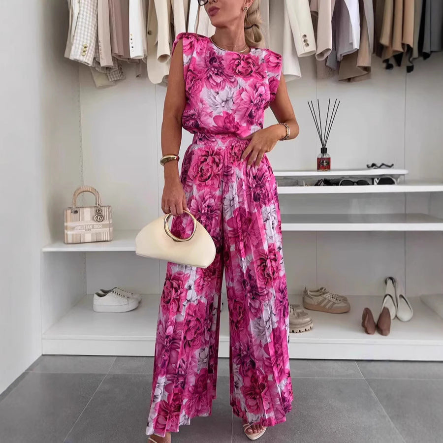 Women's Casual Sleeveless Top and Pleated Wide-Leg Pants Suit