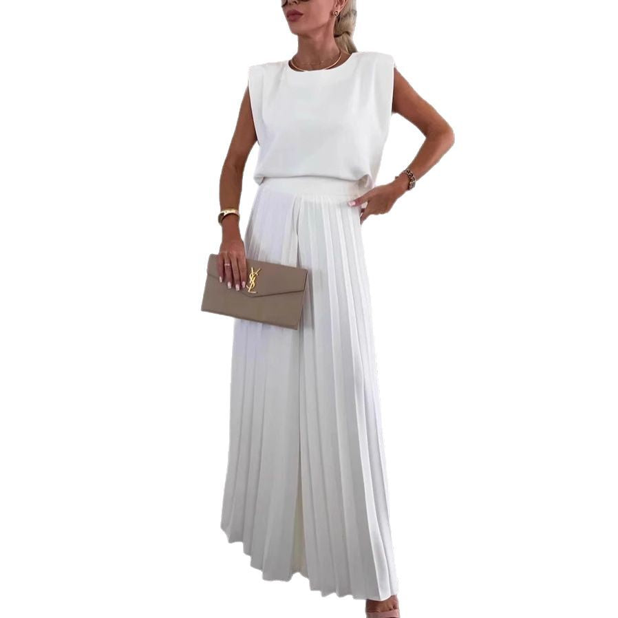 Women's Casual Sleeveless Top and Pleated Wide-Leg Pants Suit