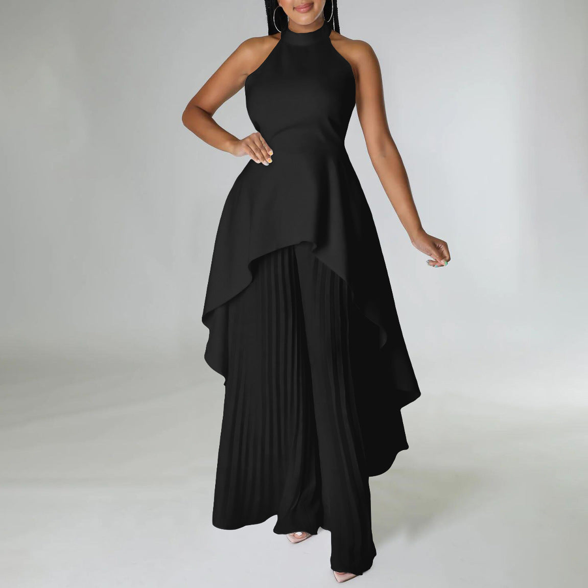 Backless Top Pleated Wide Leg Pants Suit