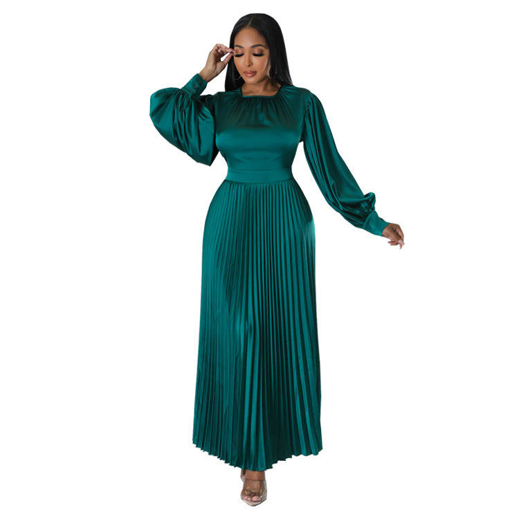 Pleated Round Neck Long Dress